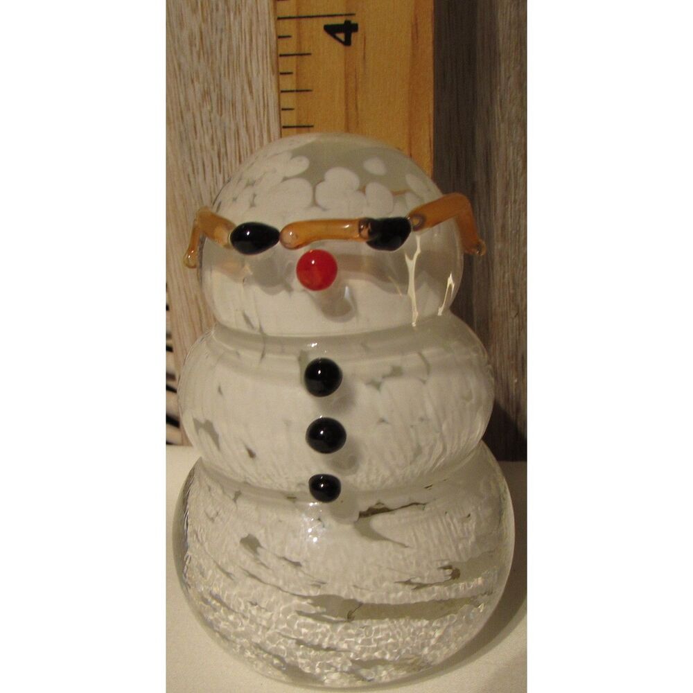 Glass paper weight snowman with glasses signed winter Christmas applied glass